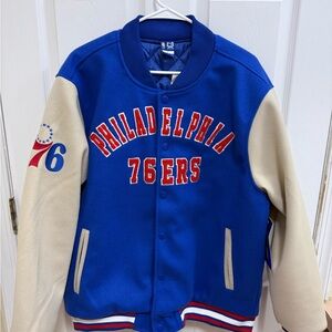 NWT NBA Philadelphia 76ers Blue and Cream Varsity Jacket, Size Large